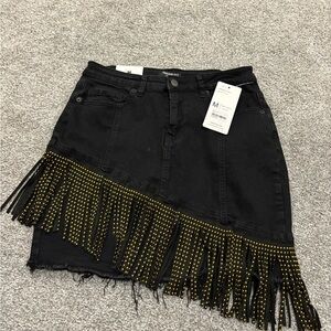 American Bazi Black Mini Skirt with Gold Fringe Asymmetric Grunge Y2K NWT